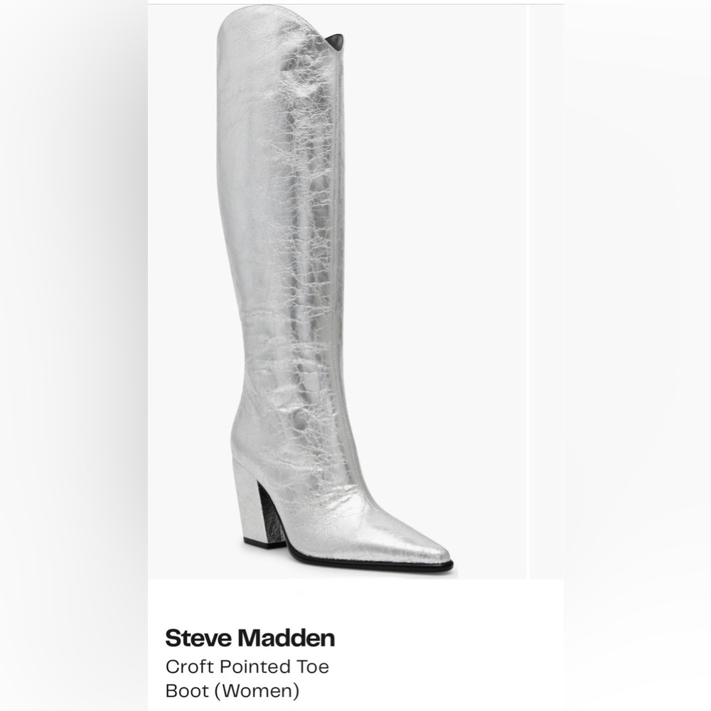 NWT Steve Madden Croft silver foil pointed toe knee high boots, sz 8.